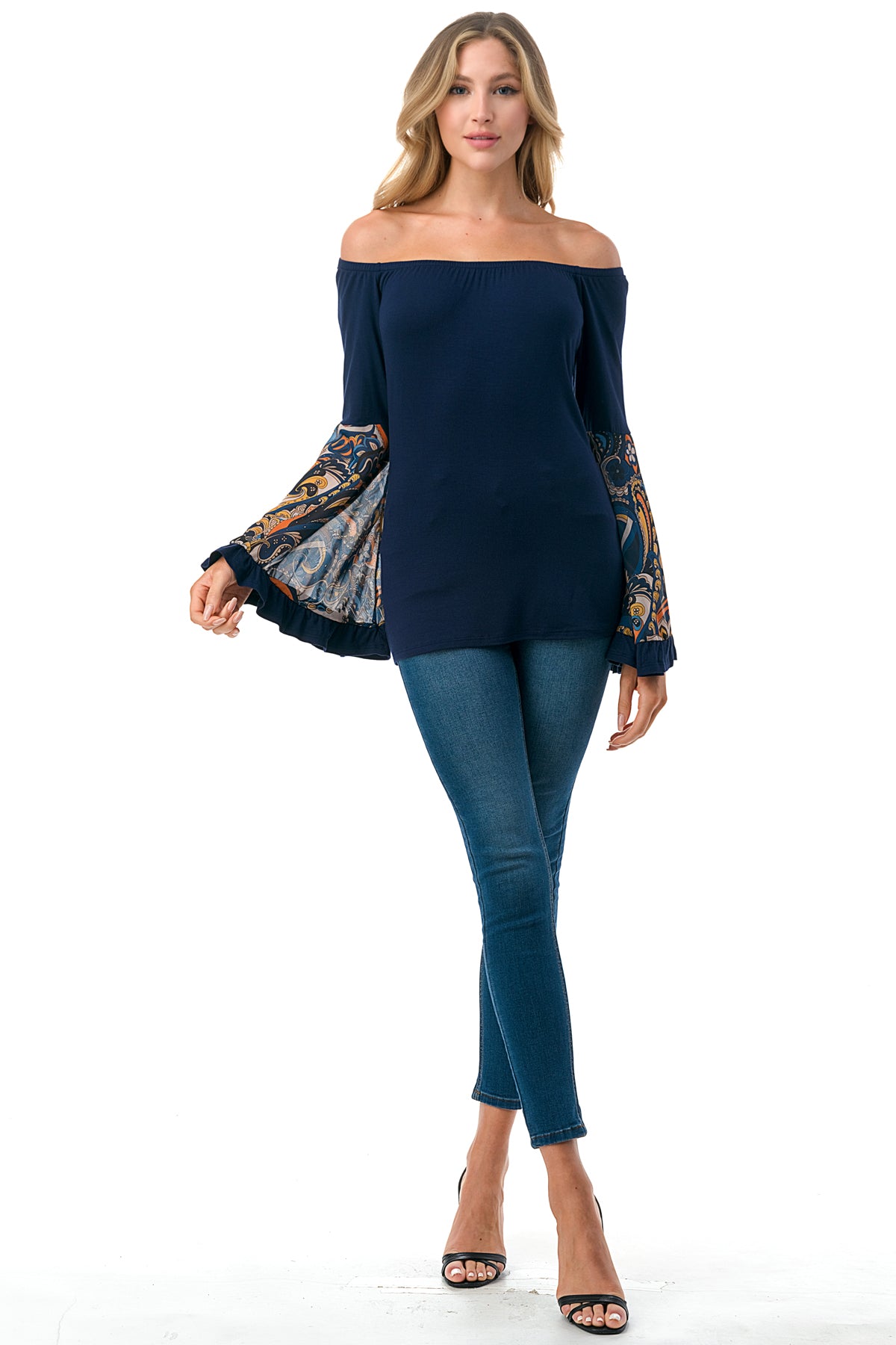 LENA BELL SLEEVE TOP (NAVY / NAVY PAISLEY)- VT2650
