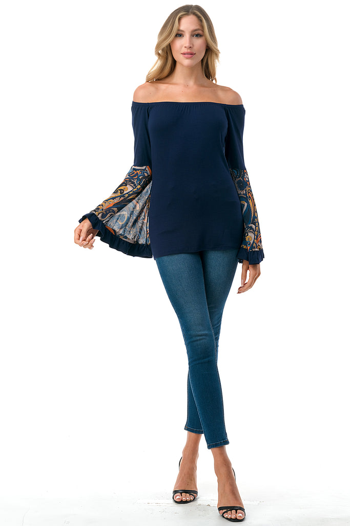LENA BELL SLEEVE TOP (NAVY / NAVY PAISLEY)- VT2650