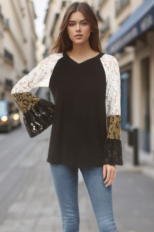 BIANCA RUFFLE SLEEVE TOP (BLACK/IVORY/SNAKE)- VT2689