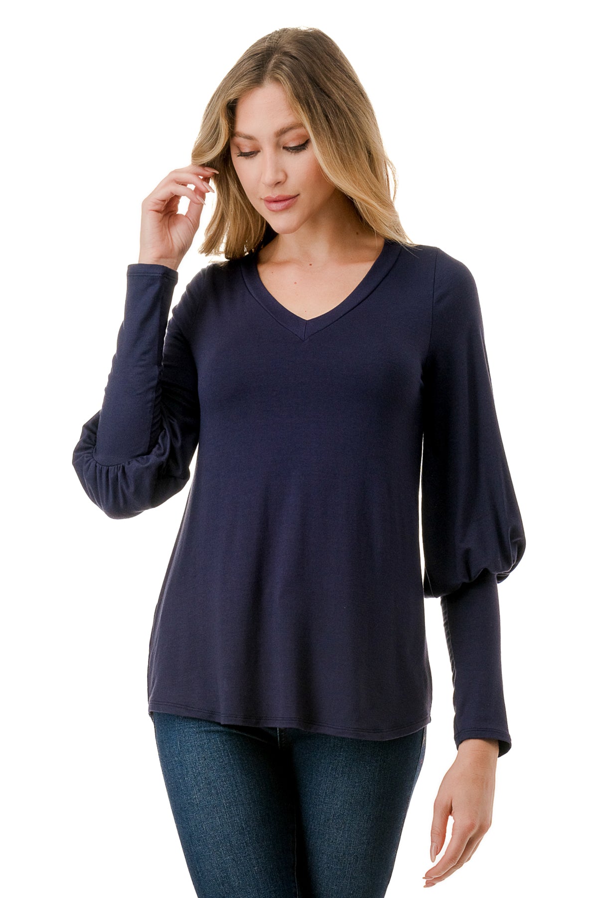 ANN SMOKING BALLOON SLEEVE TOP (NAVY)-VT2862