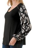 NORAH BUBBLE SLEEVE TOP (BLACK / BLACK WHITE LEOPARD)- VT3023S