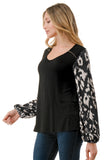 NORAH BUBBLE SLEEVE TOP (BLACK / BLACK WHITE LEOPARD)- VT3023S