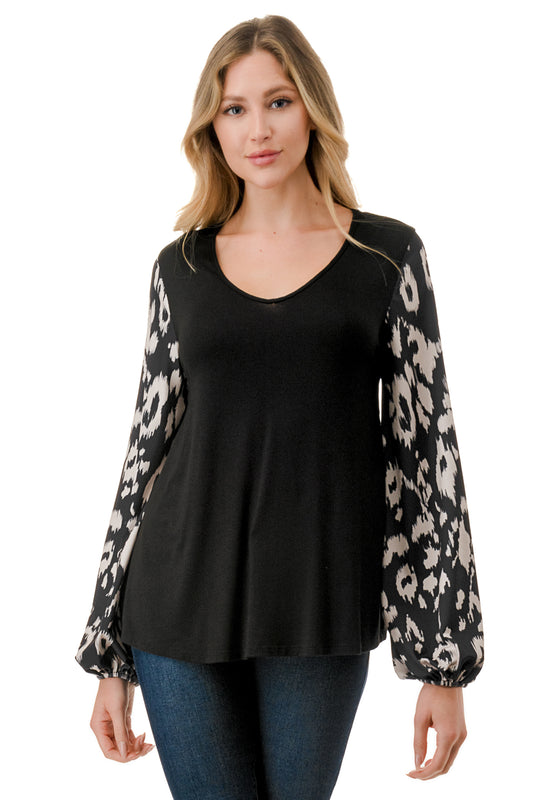 NORAH BUBBLE SLEEVE TOP (BLACK / BLACK WHITE LEOPARD)- VT3023S