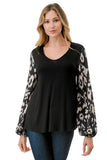 NORAH BUBBLE SLEEVE TOP (BLACK / BLACK WHITE LEOPARD)- VT3023S
