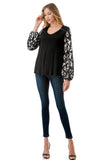NORAH BUBBLE SLEEVE TOP (BLACK / BLACK WHITE LEOPARD)- VT3023S