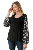NORAH BUBBLE SLEEVE TOP (BLACK / BLACK WHITE LEOPARD)- VT3023S