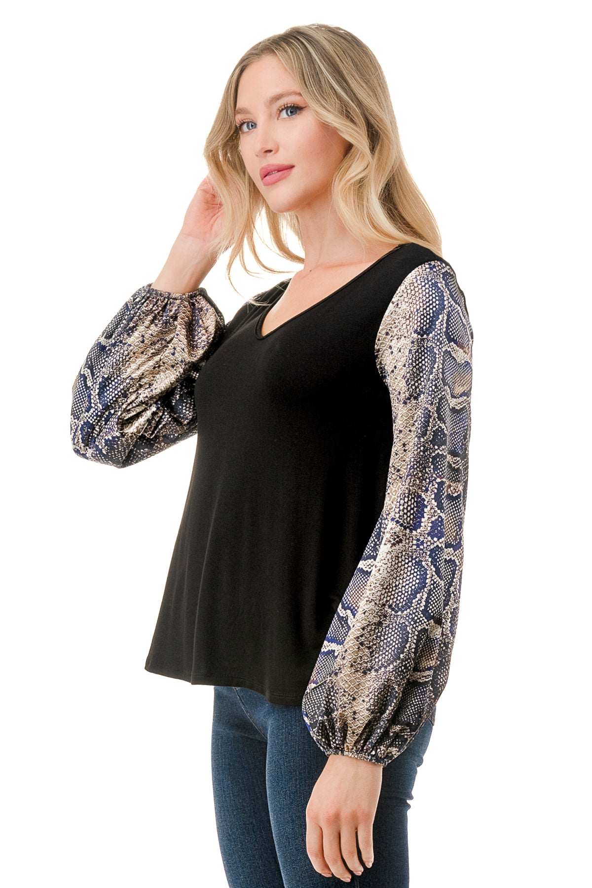 NORAH BUBBLE SLEEVE TOP (BLACK / SATIN SNAKE)- VT3023S