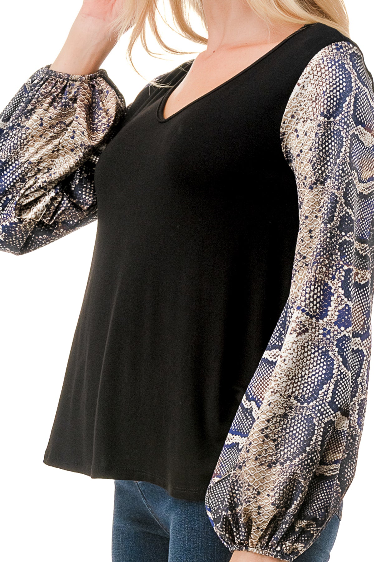 NORAH BUBBLE SLEEVE TOP (BLACK / SATIN SNAKE)- VT3023S
