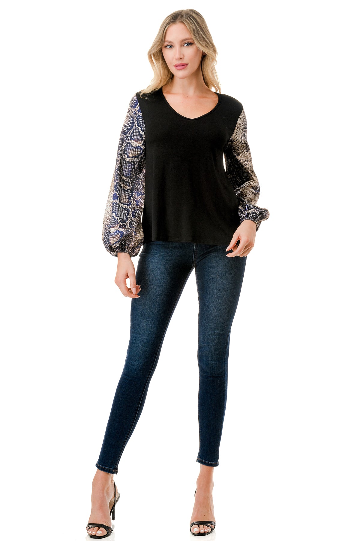NORAH BUBBLE SLEEVE TOP (BLACK / SATIN SNAKE)- VT3023S