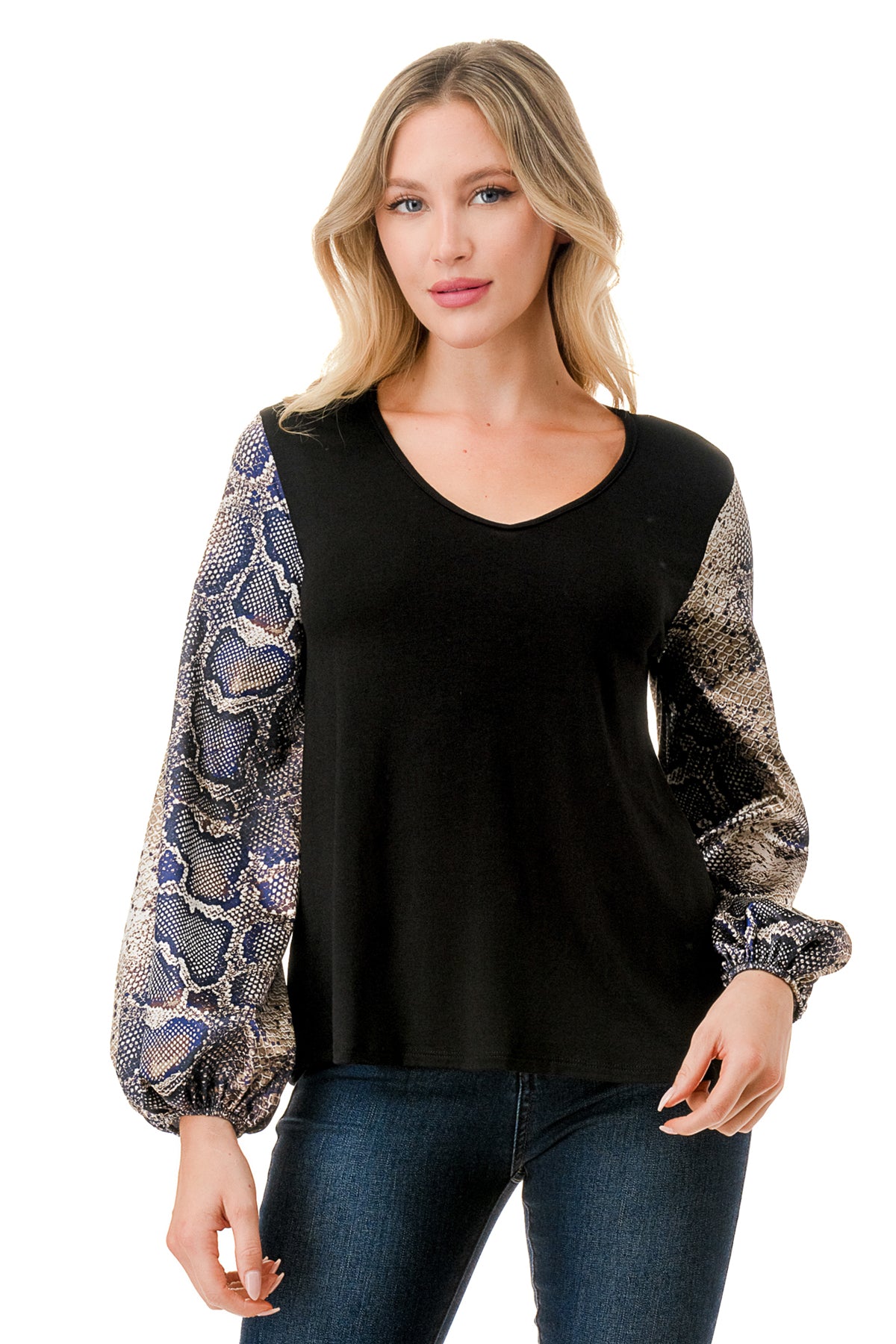 NORAH BUBBLE SLEEVE TOP (BLACK / SATIN SNAKE)- VT3023S