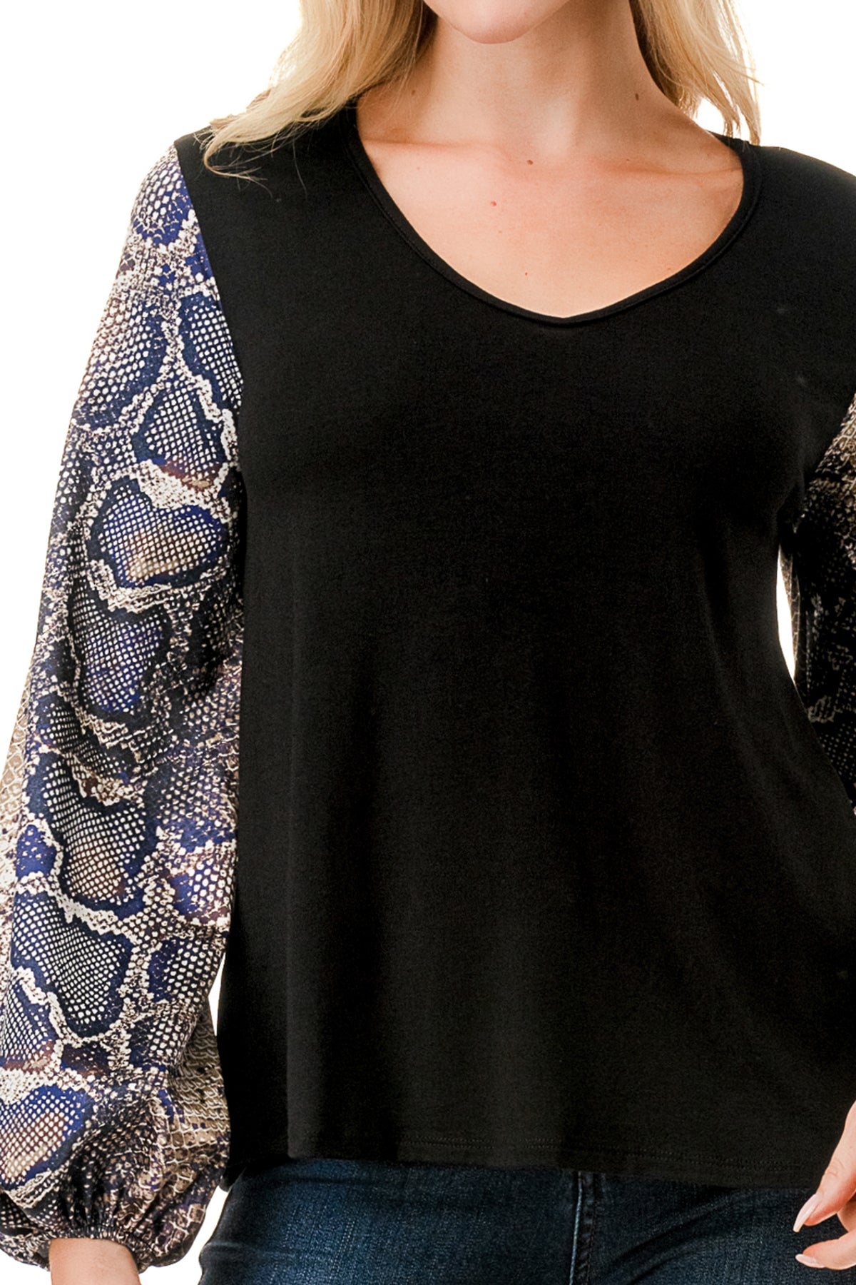 NORAH BUBBLE SLEEVE TOP (BLACK / SATIN SNAKE)- VT3023S