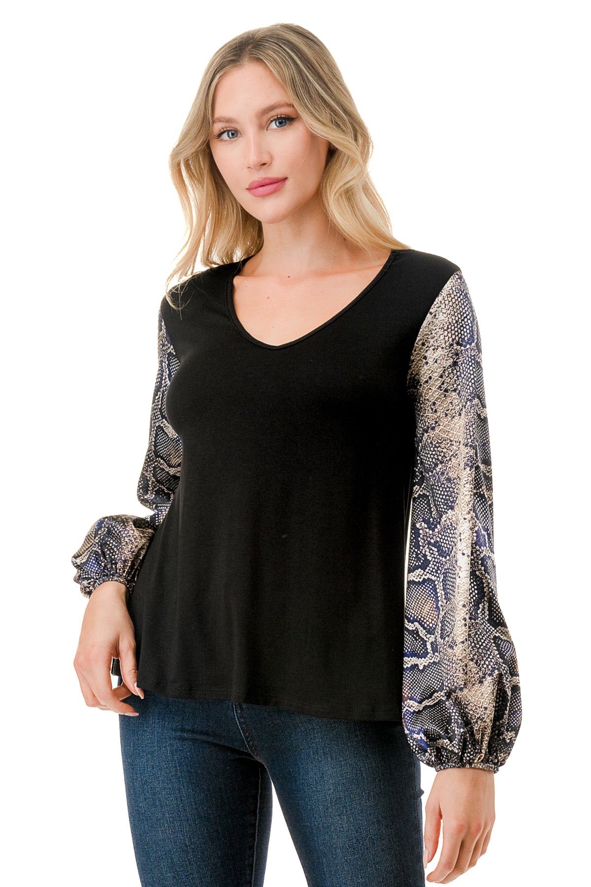 NORAH BUBBLE SLEEVE TOP (BLACK / SATIN SNAKE)- VT3023S