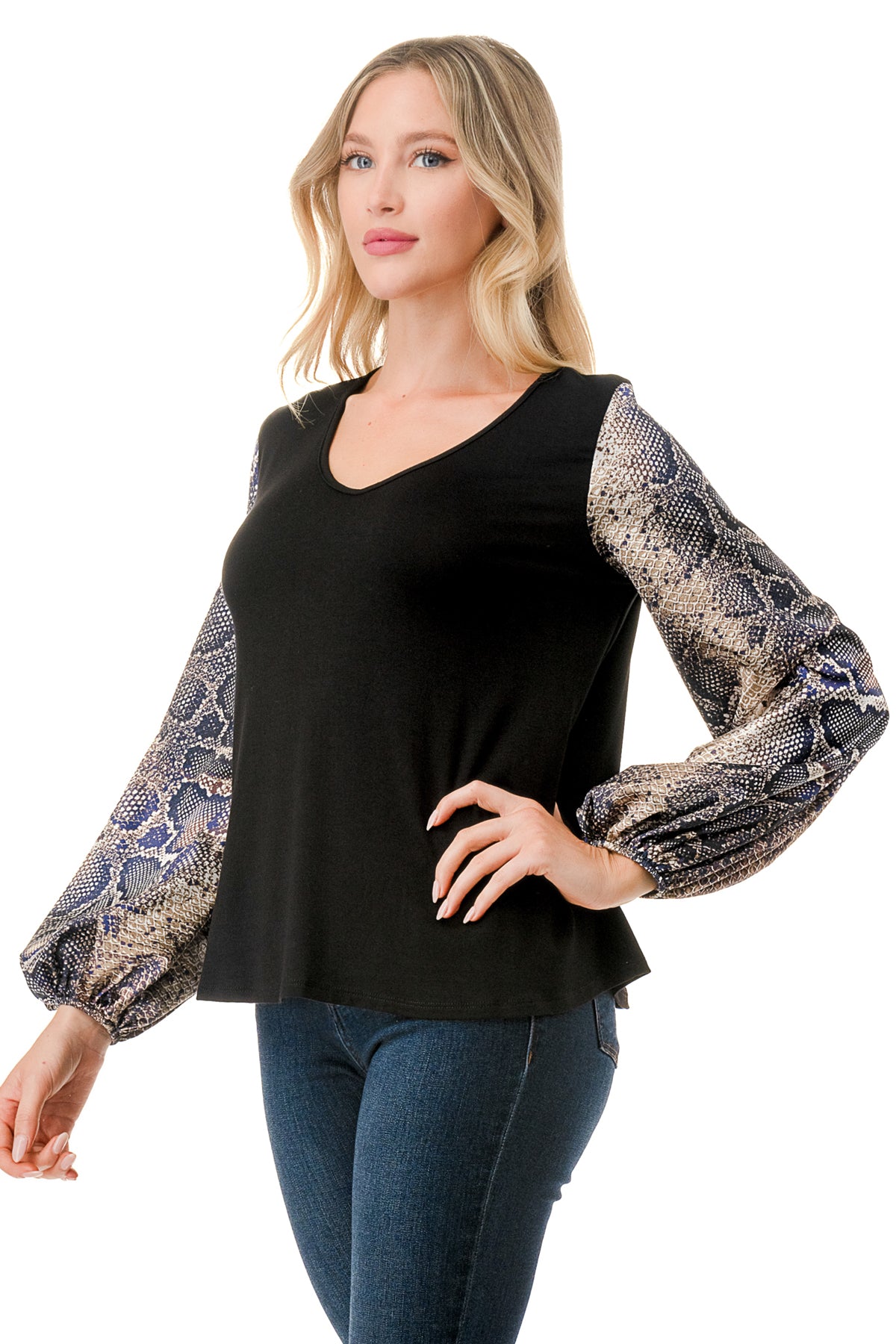 NORAH BUBBLE SLEEVE TOP (BLACK / SATIN SNAKE)- VT3023S