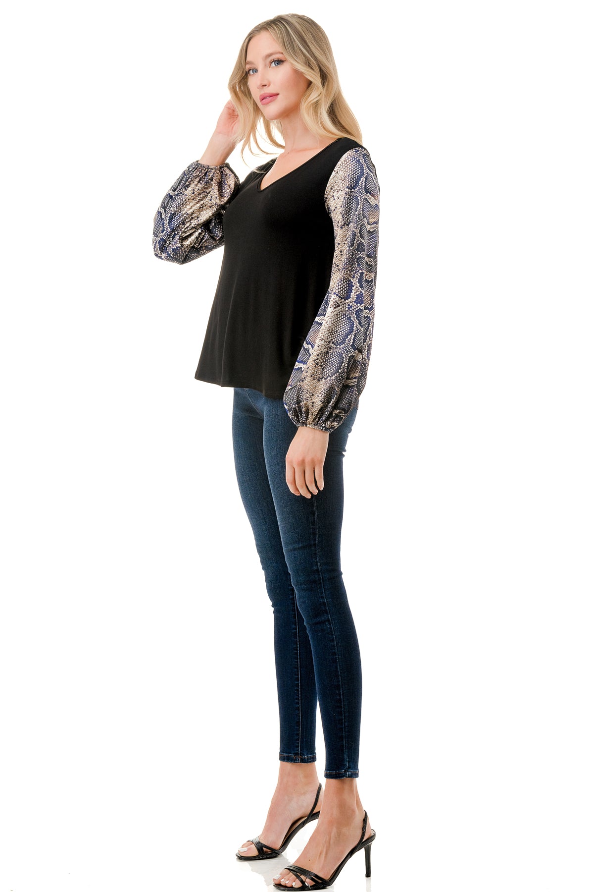 NORAH BUBBLE SLEEVE TOP (BLACK / SATIN SNAKE)- VT3023S