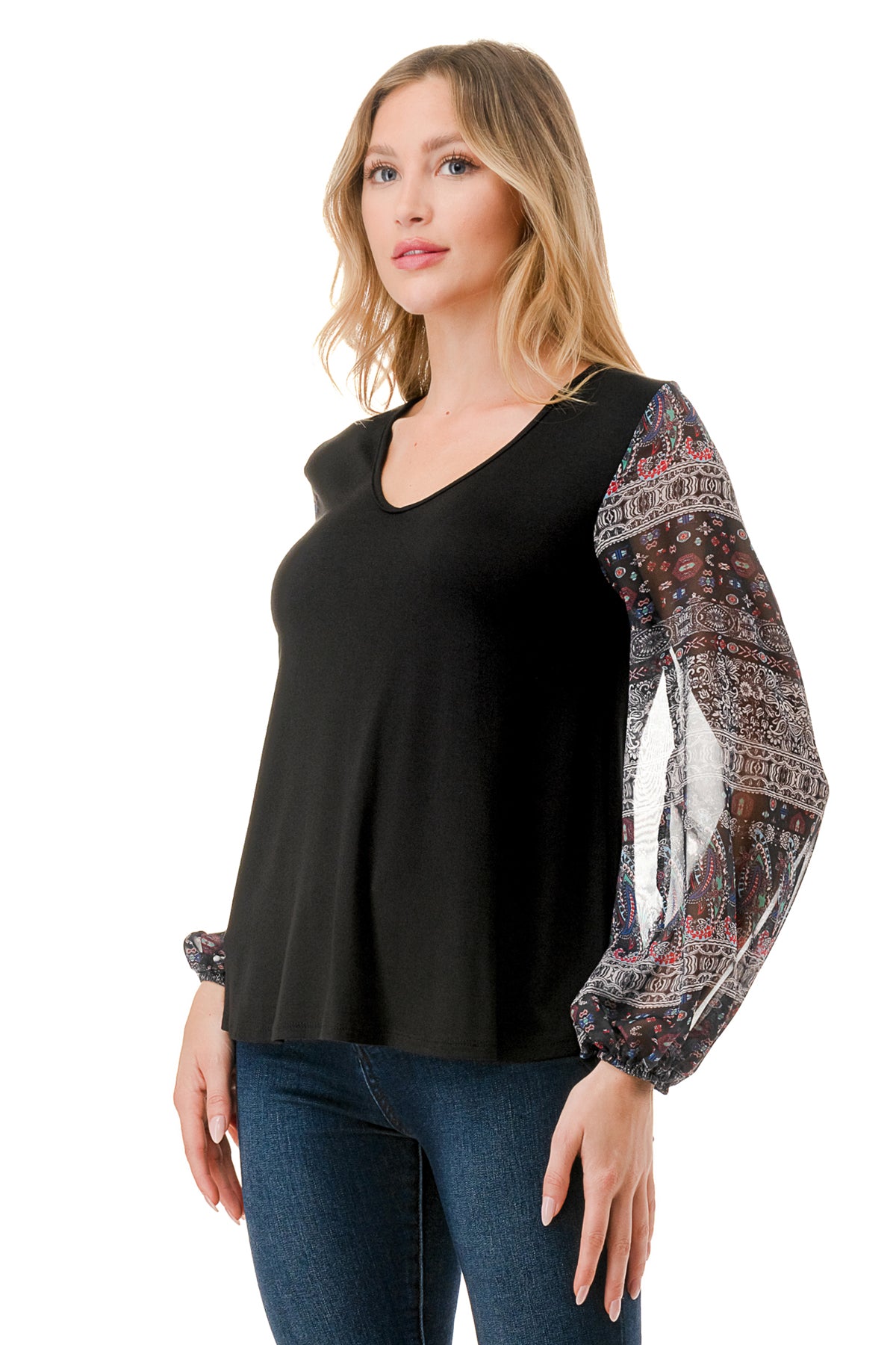 NORAH BUBBLE SLEEVE TOP (BLACK / VINTAGE BOHO)- VT3023S