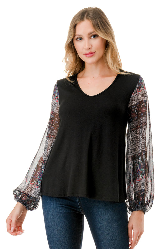 NORAH BUBBLE SLEEVE TOP (BLACK / VINTAGE BOHO)- VT3023S