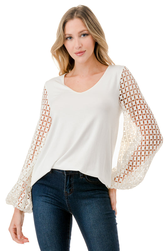 NORAH BUBBLE SLEEVE TOP (IVORY / IVORY SQUARE LACE)- VT3023S