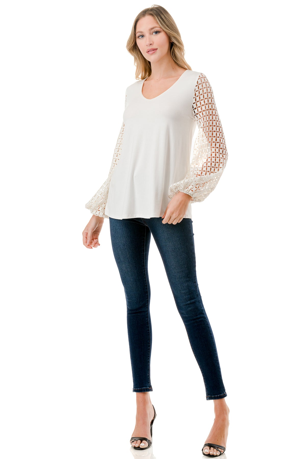 NORAH BUBBLE SLEEVE TOP (IVORY / IVORY SQUARE LACE)- VT3023S