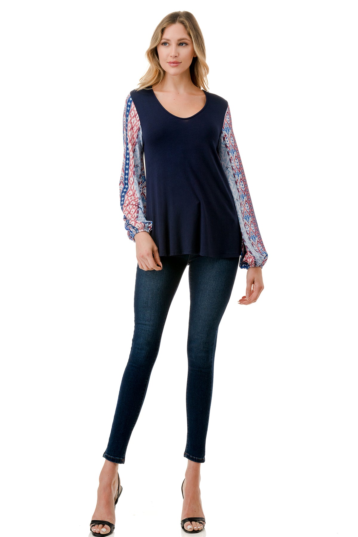 NORAH BUBBLE SLEEVE TOP (NAVY / BLUE ETHNIC)- VT3023S