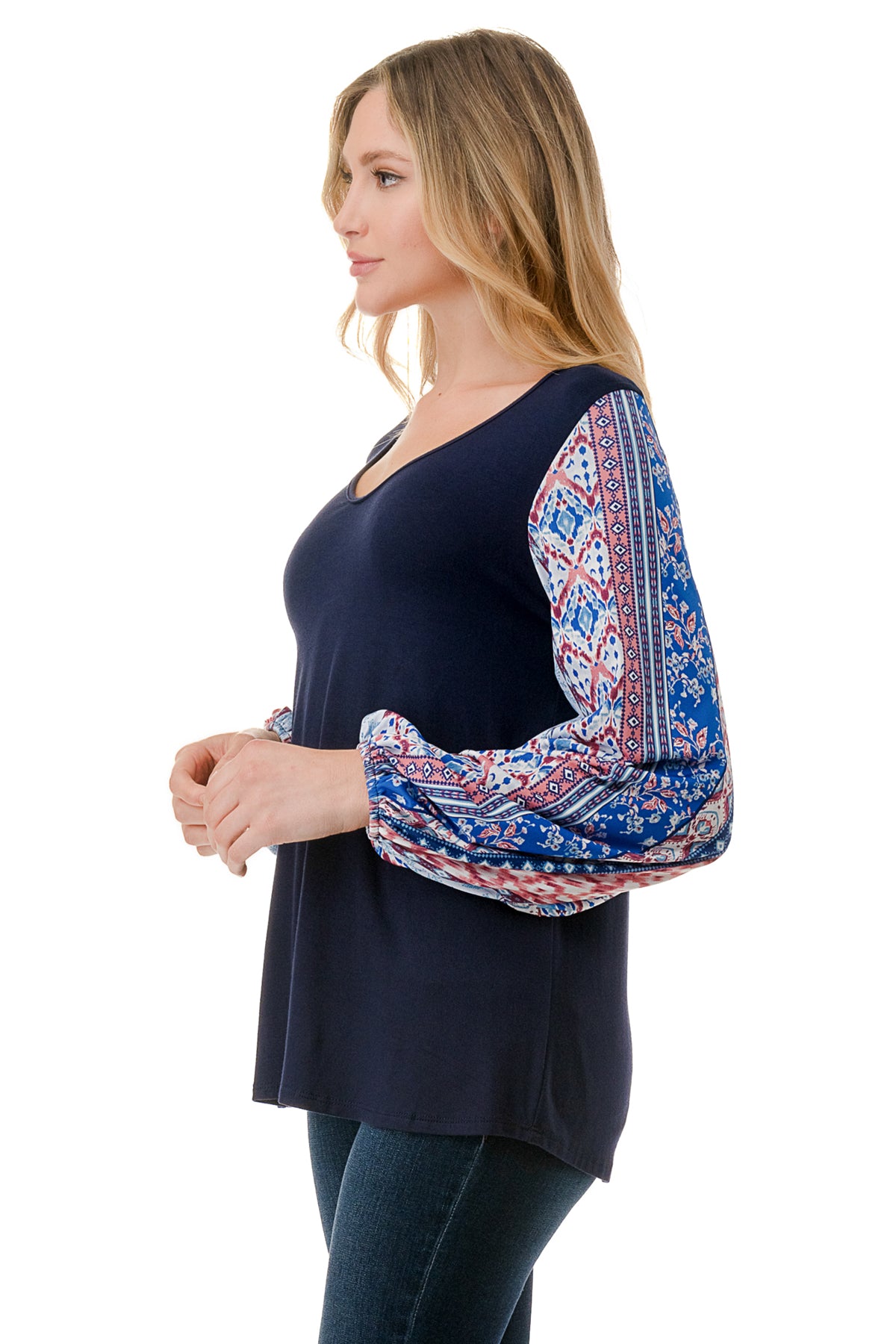 NORAH BUBBLE SLEEVE TOP (NAVY / BLUE ETHNIC)- VT3023S