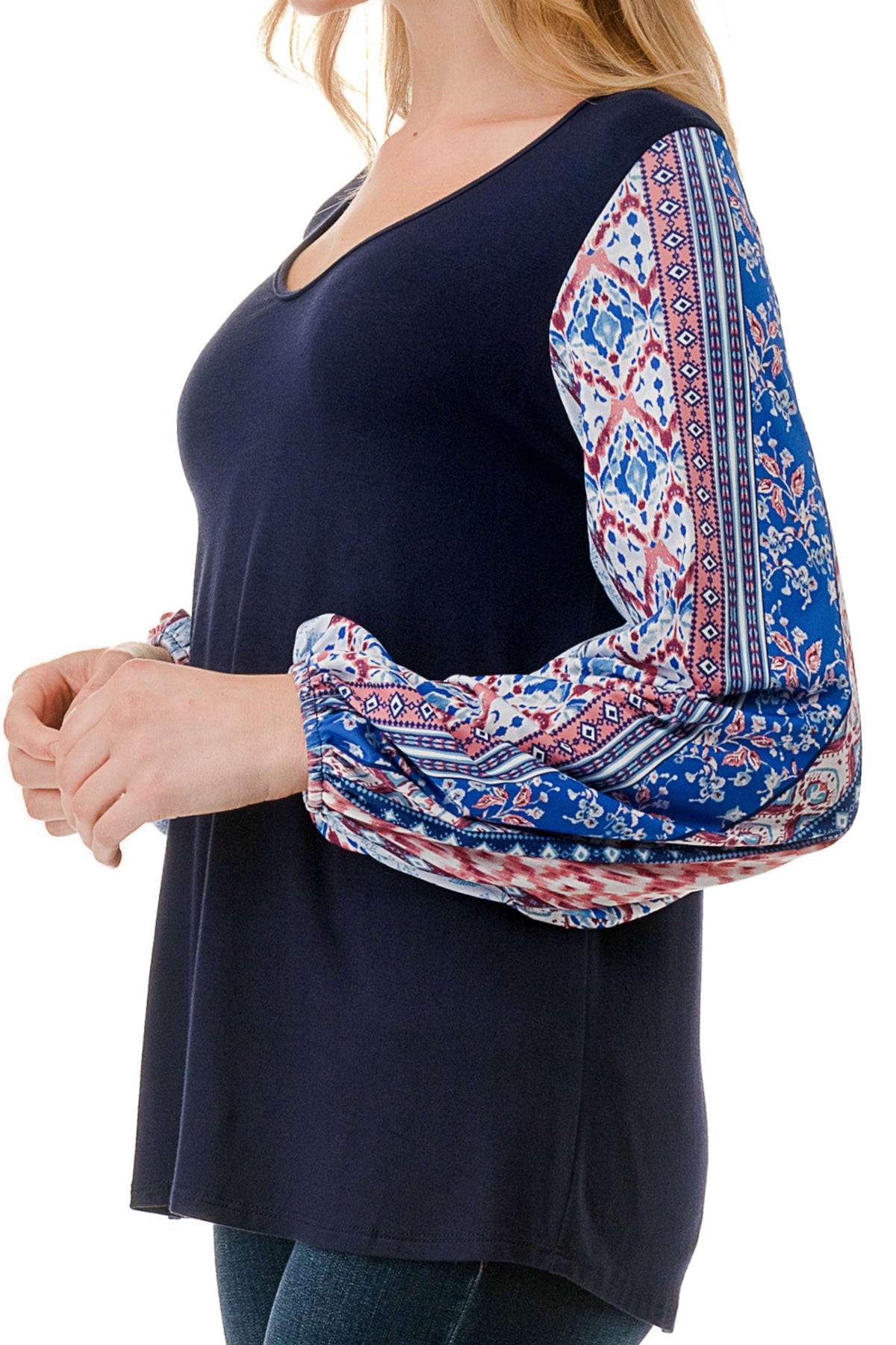 NORAH BUBBLE SLEEVE TOP (NAVY / BLUE ETHNIC)- VT3023S