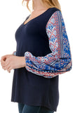 NORAH BUBBLE SLEEVE TOP (NAVY / BLUE ETHNIC)- VT3023S