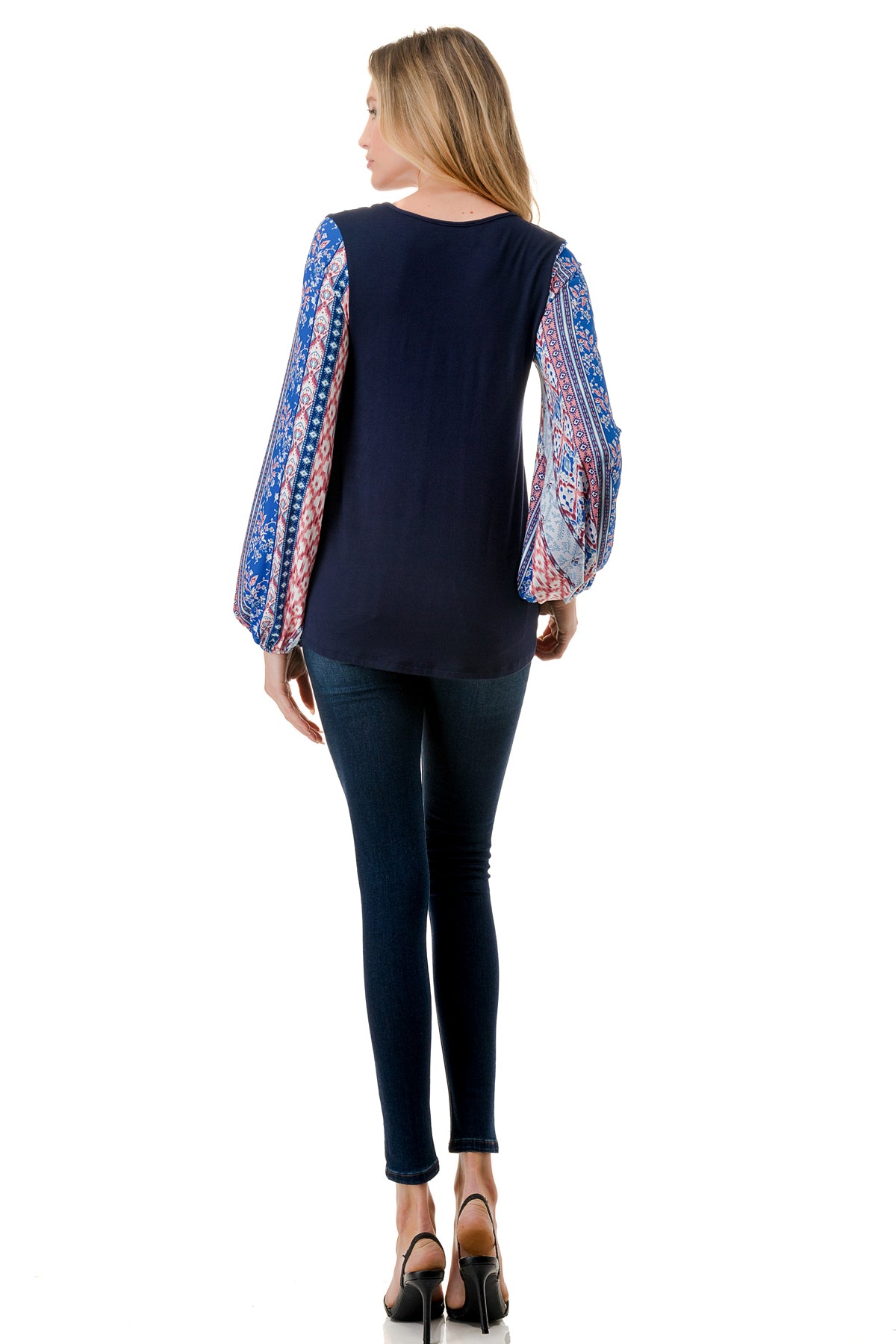 NORAH BUBBLE SLEEVE TOP (NAVY / BLUE ETHNIC)- VT3023S