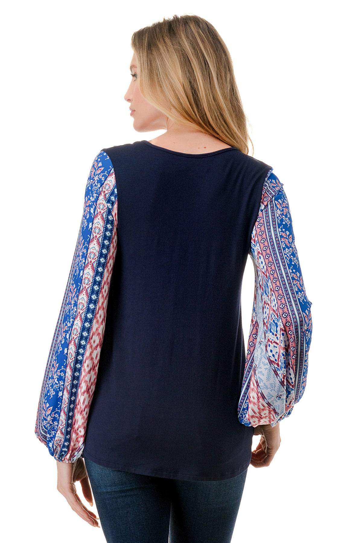 NORAH BUBBLE SLEEVE TOP (NAVY / BLUE ETHNIC)- VT3023S