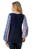 NORAH BUBBLE SLEEVE TOP (NAVY / BLUE ETHNIC)- VT3023S