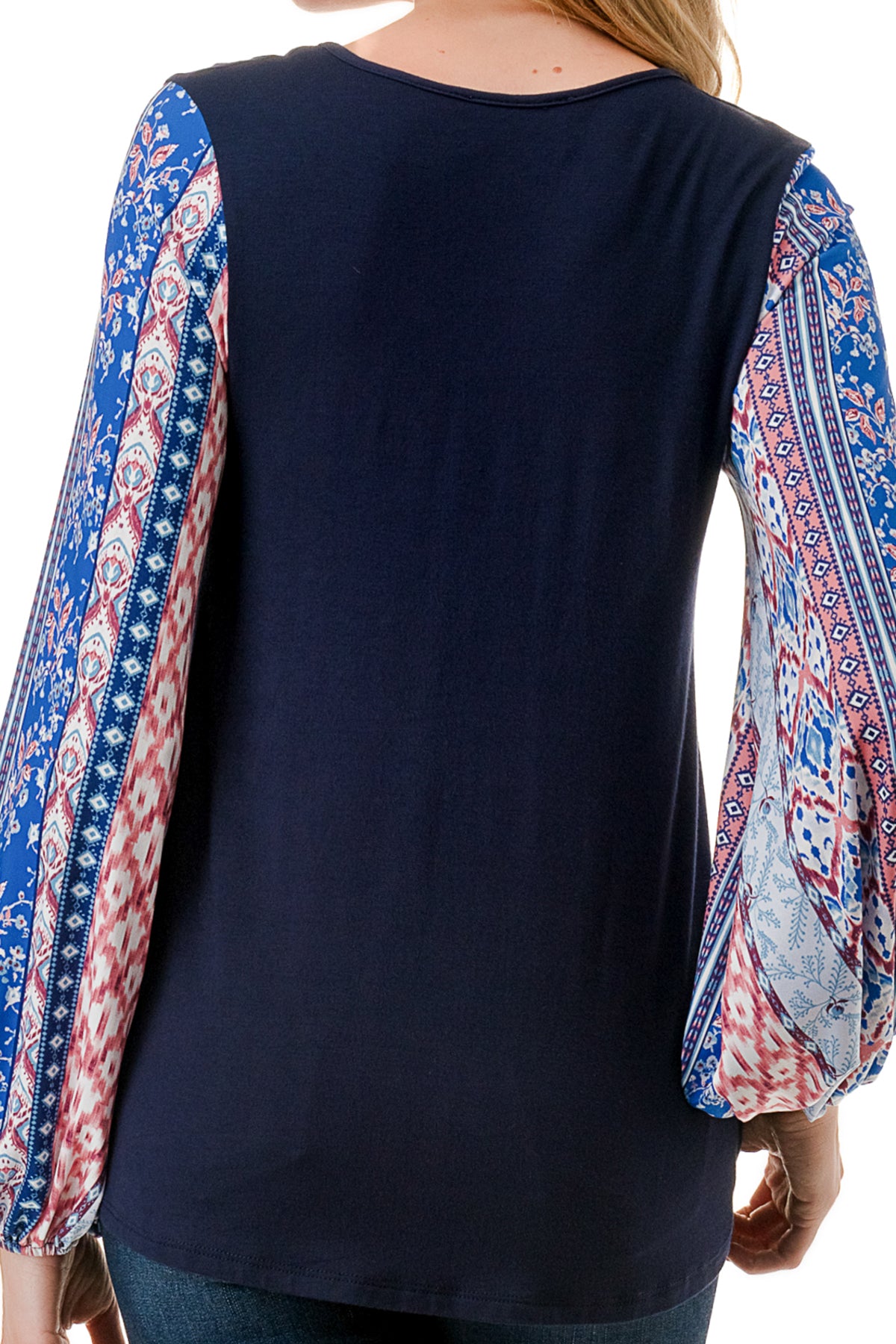NORAH BUBBLE SLEEVE TOP (NAVY / BLUE ETHNIC)- VT3023S