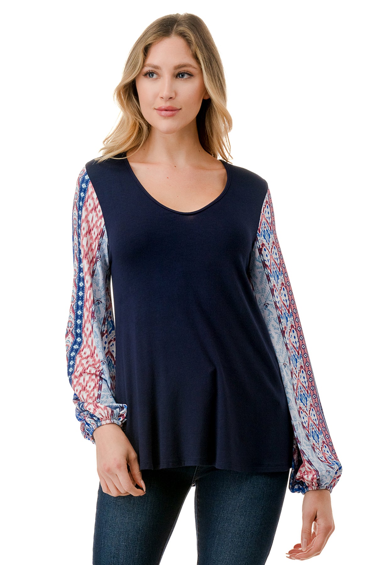 NORAH BUBBLE SLEEVE TOP (NAVY / BLUE ETHNIC)- VT3023S