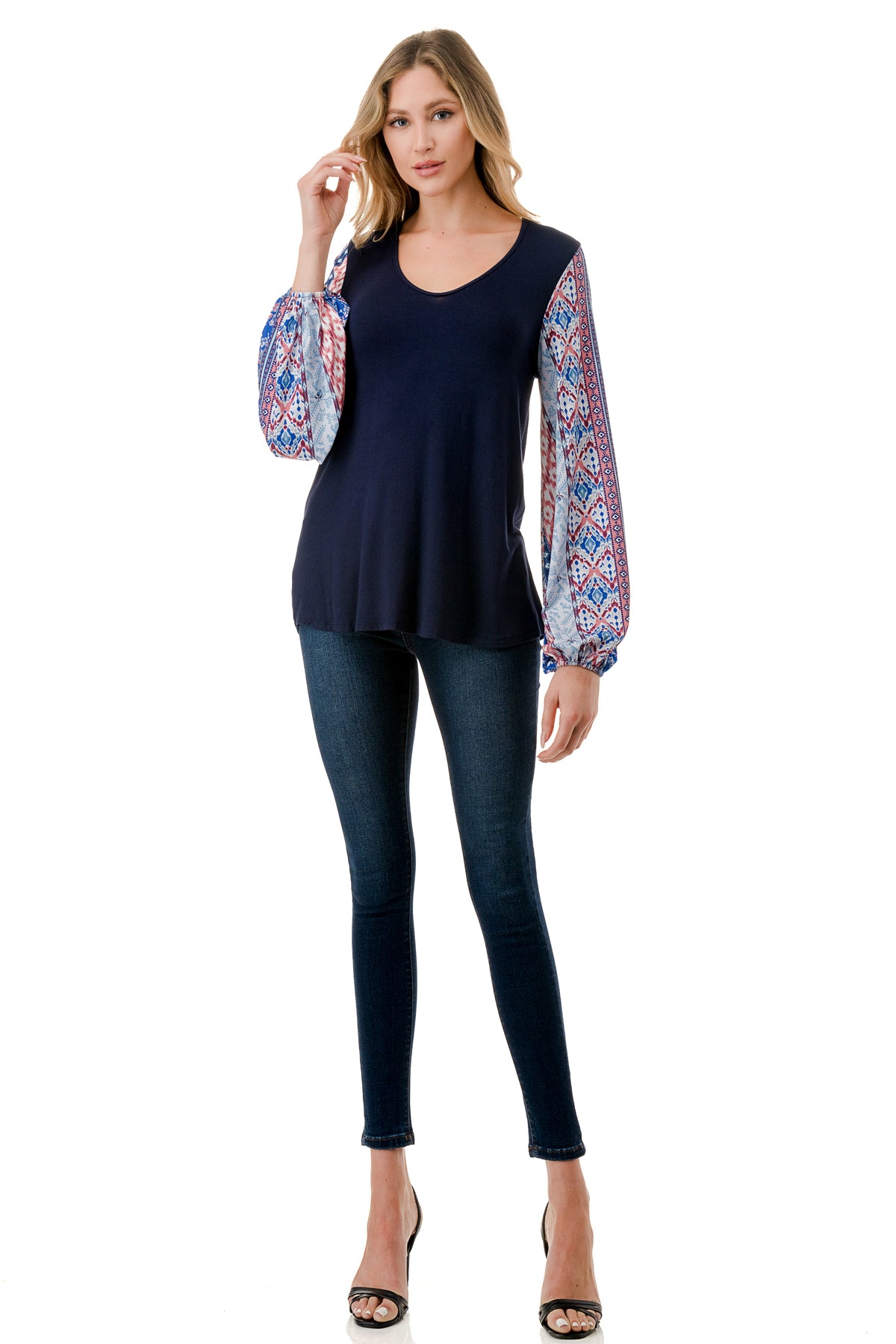 NORAH BUBBLE SLEEVE TOP (NAVY / BLUE ETHNIC)- VT3023S