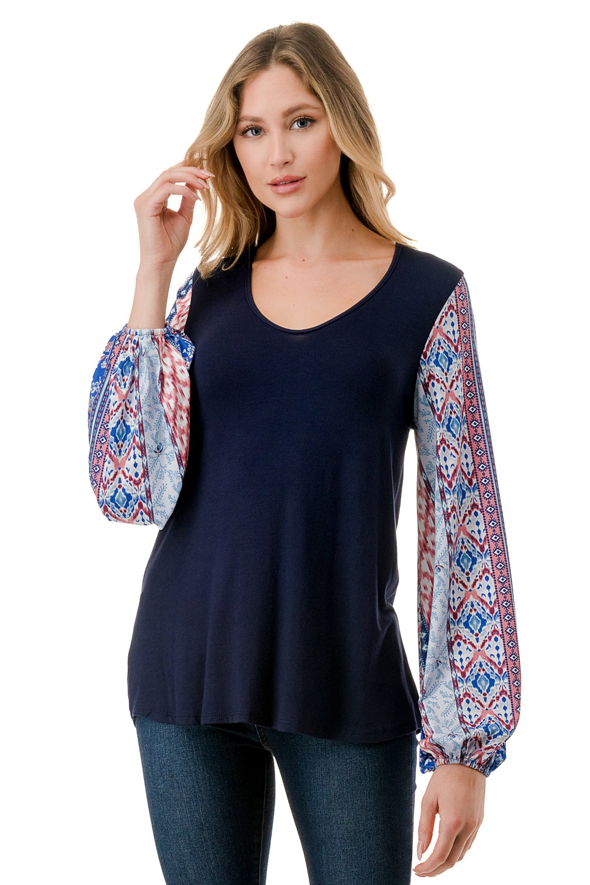 NORAH BUBBLE SLEEVE TOP (NAVY / BLUE ETHNIC)- VT3023S
