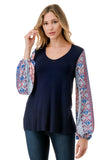 NORAH BUBBLE SLEEVE TOP (NAVY / BLUE ETHNIC)- VT3023S