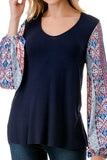 NORAH BUBBLE SLEEVE TOP (NAVY / BLUE ETHNIC)- VT3023S