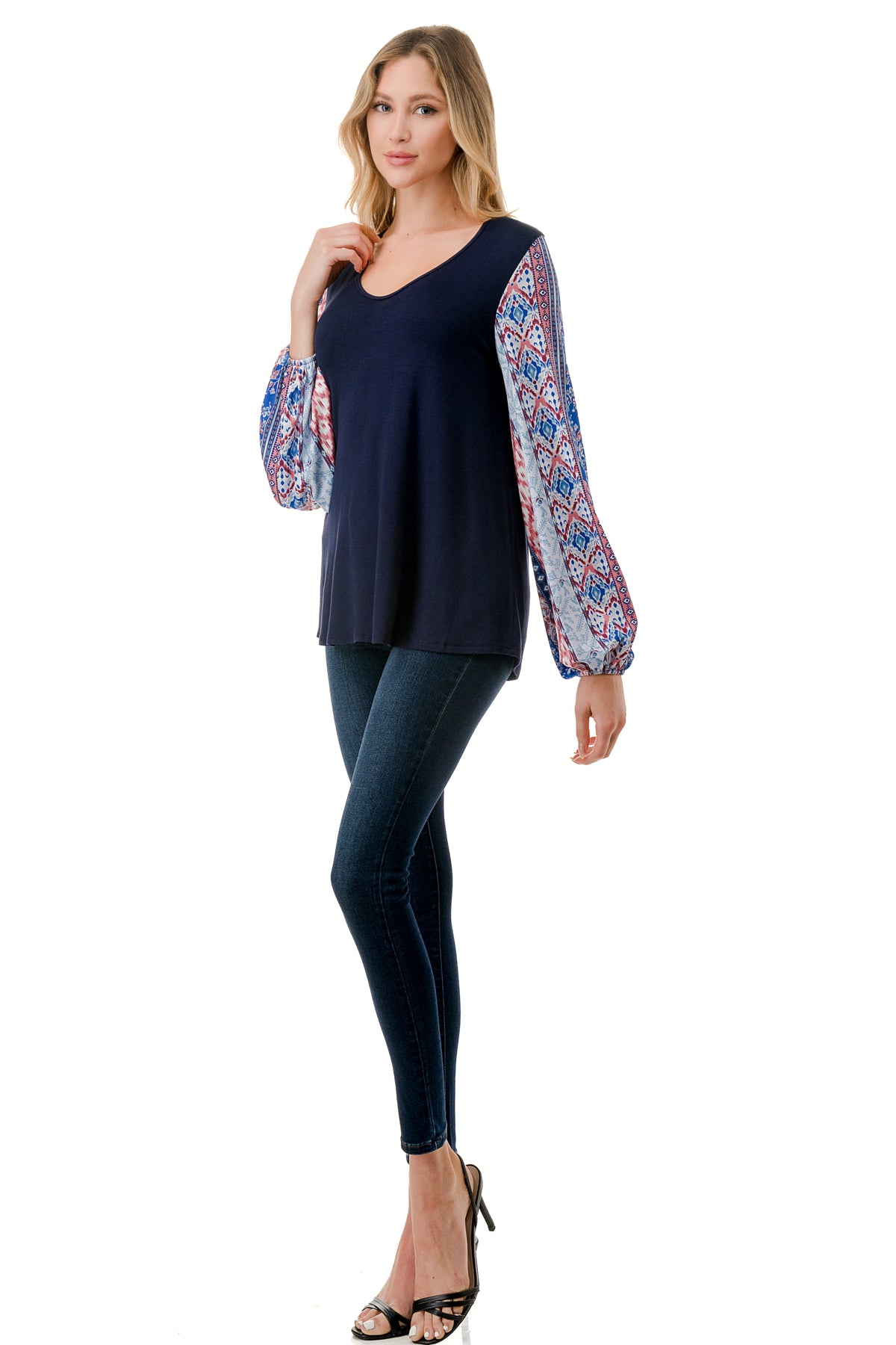 NORAH BUBBLE SLEEVE TOP (NAVY / BLUE ETHNIC)- VT3023S