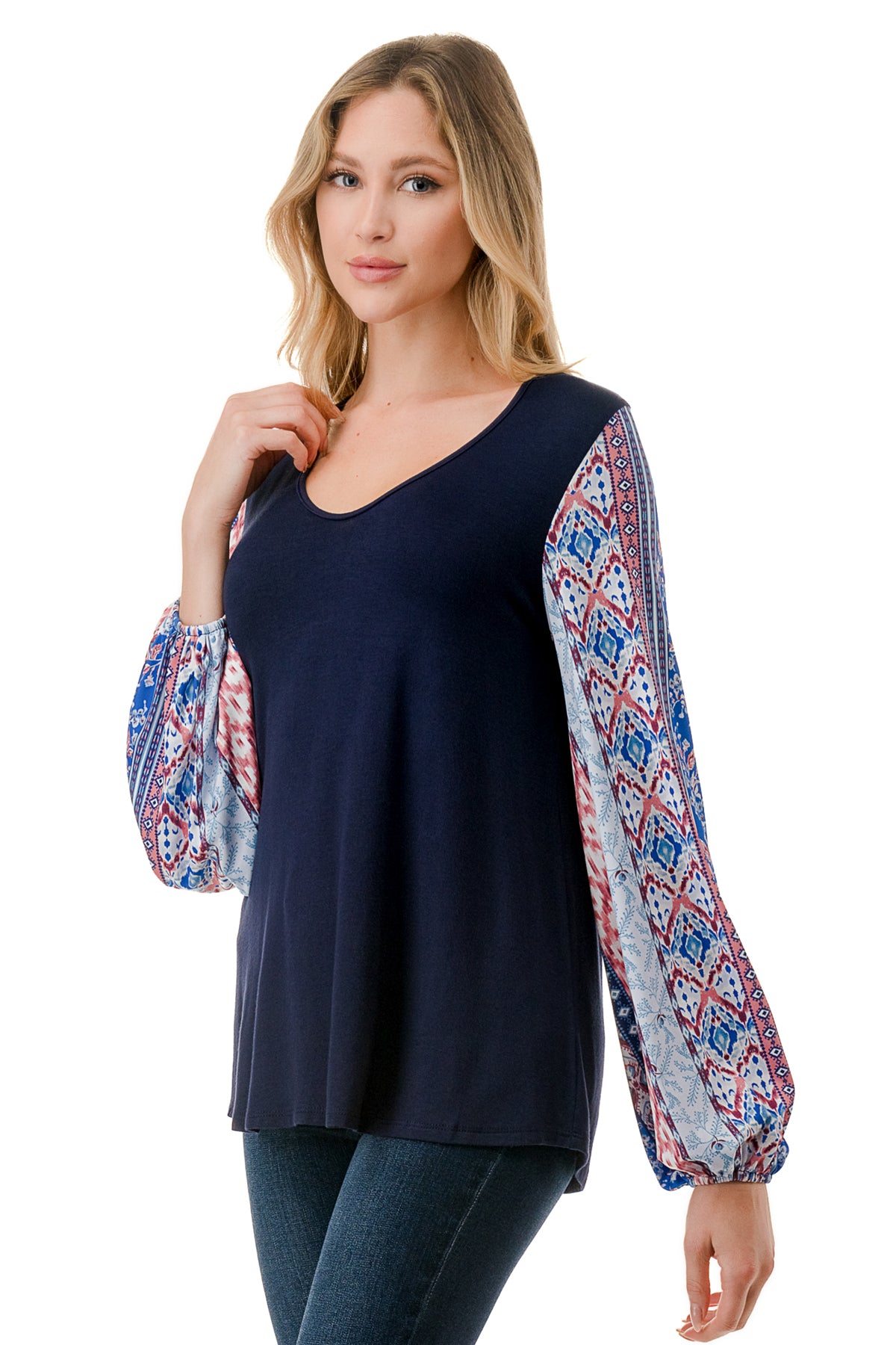 NORAH BUBBLE SLEEVE TOP (NAVY / BLUE ETHNIC)- VT3023S