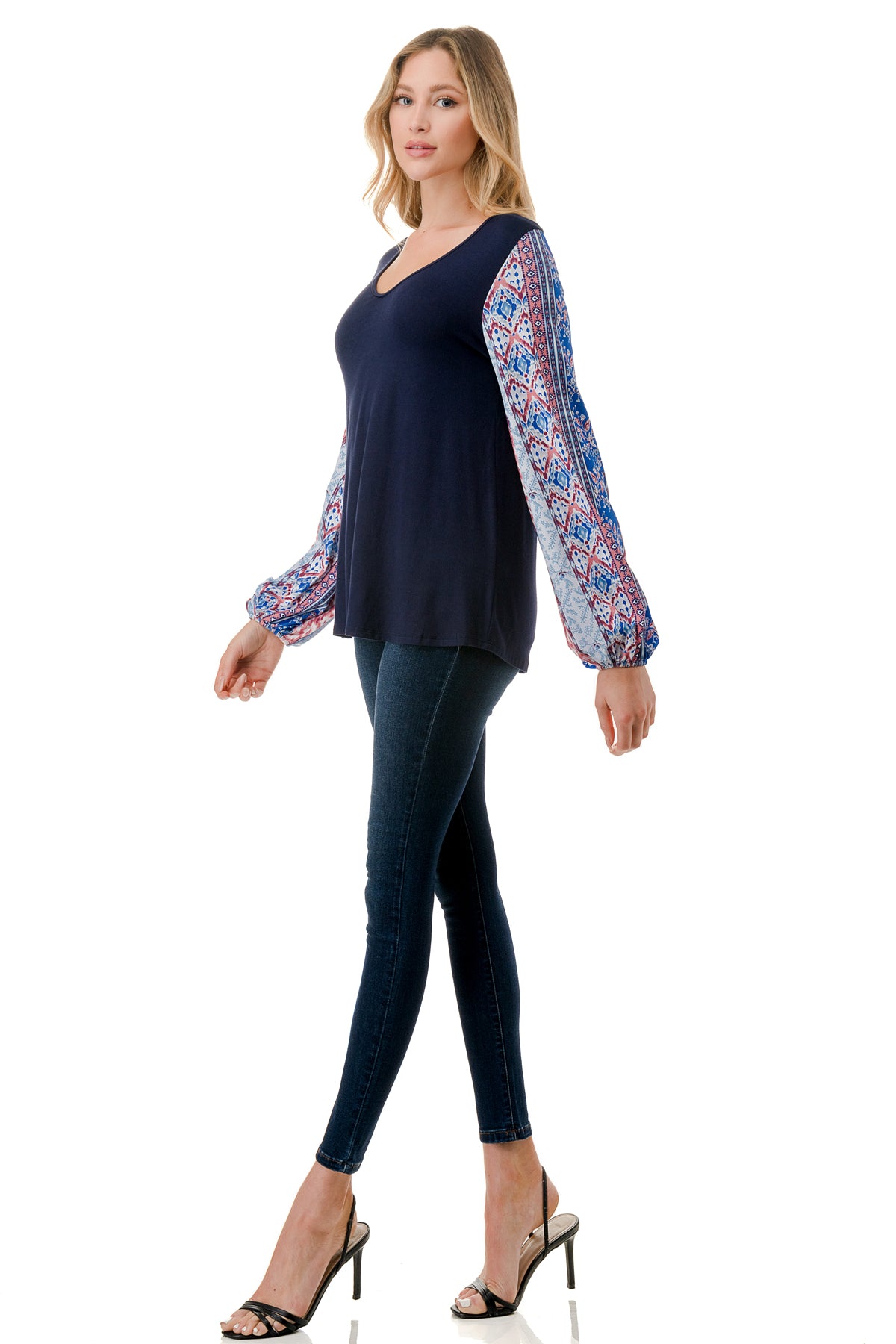 NORAH BUBBLE SLEEVE TOP (NAVY / BLUE ETHNIC)- VT3023S