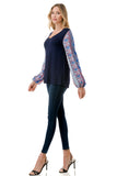 NORAH BUBBLE SLEEVE TOP (NAVY / BLUE ETHNIC)- VT3023S