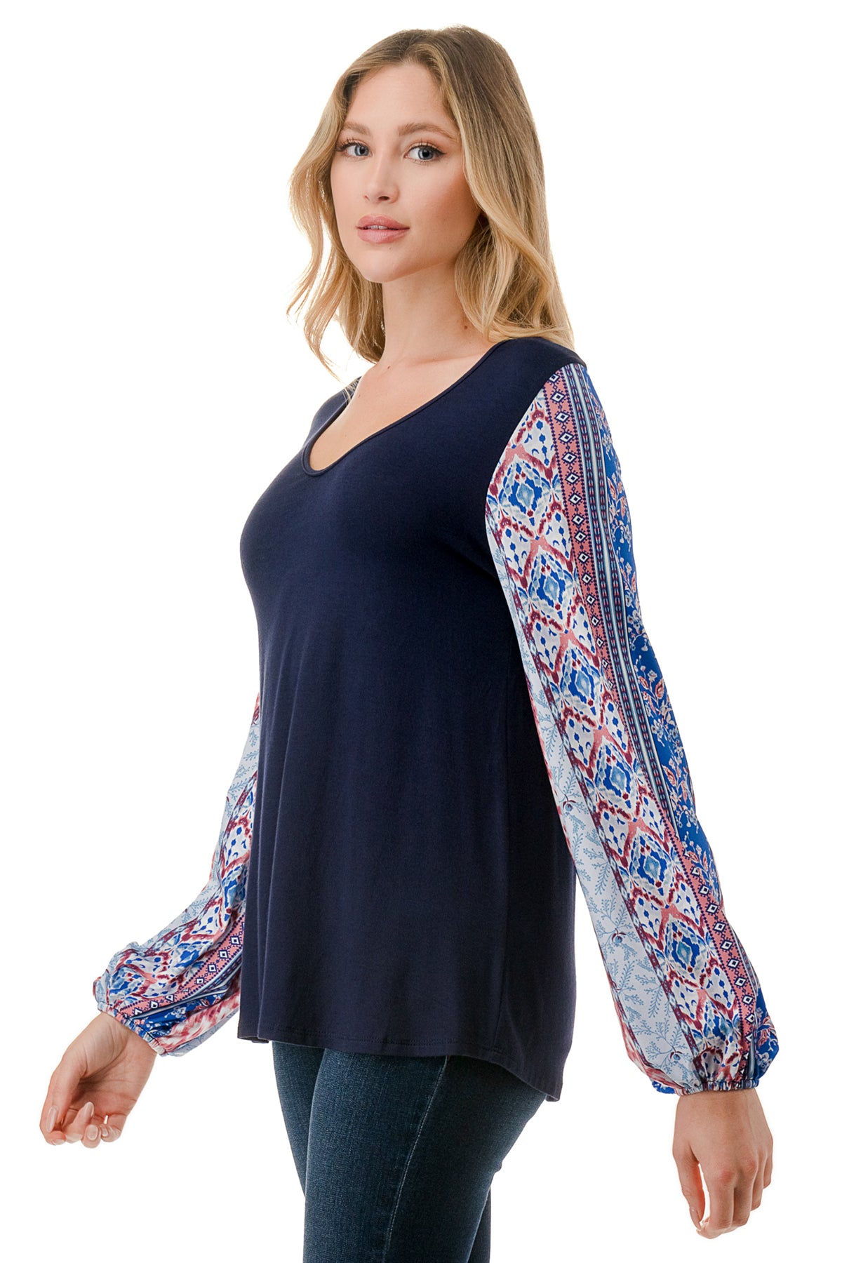 NORAH BUBBLE SLEEVE TOP (NAVY / BLUE ETHNIC)- VT3023S