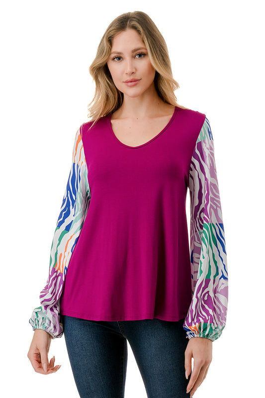 NORAH BUBBLE SLEEVE TOP (MAGENTA / MULTI ZEBRA)- VT3023S