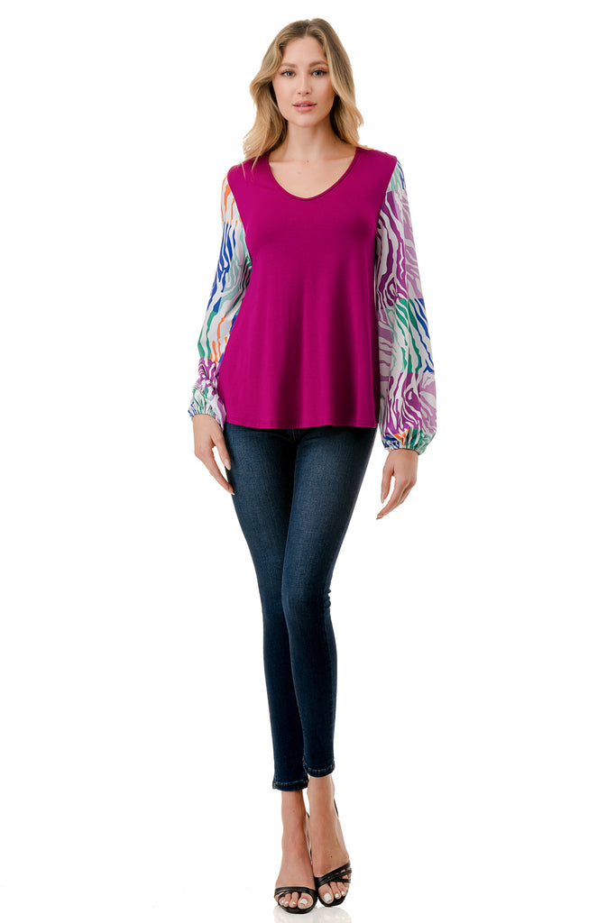 NORAH BUBBLE SLEEVE TOP (MAGENTA / MULTI ZEBRA)- VT3023S