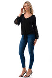 CLAIRE V NECK FRONT TIE TOP (BLACK/ BLACK LACE)-VT3044