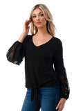 CLAIRE V NECK FRONT TIE TOP (BLACK/ BLACK LACE)-VT3044