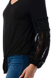 CLAIRE V NECK FRONT TIE TOP (BLACK/ BLACK LACE)-VT3044