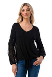 CLAIRE V NECK FRONT TIE TOP (BLACK/ BLACK LACE)-VT3044