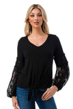 CLAIRE V NECK FRONT TIE TOP (BLACK/ BLACK LACE)-VT3044