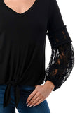 CLAIRE V NECK FRONT TIE TOP (BLACK/ BLACK LACE)-VT3044