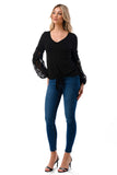 CLAIRE V NECK FRONT TIE TOP (BLACK/ BLACK LACE)-VT3044