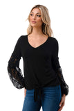 CLAIRE V NECK FRONT TIE TOP (BLACK/ BLACK LACE)-VT3044